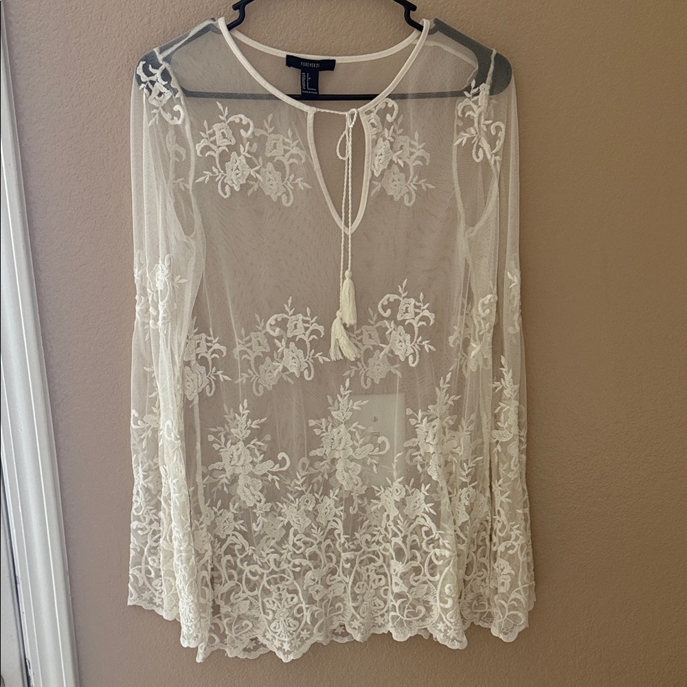 Forever 21 Sheer Floral Embroidered Blouse - Cream